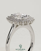 Kynora CJ 2ct oval claw solitaire engagement ring with double sunburst halo and cathedral high setting, showcasing intricate design.