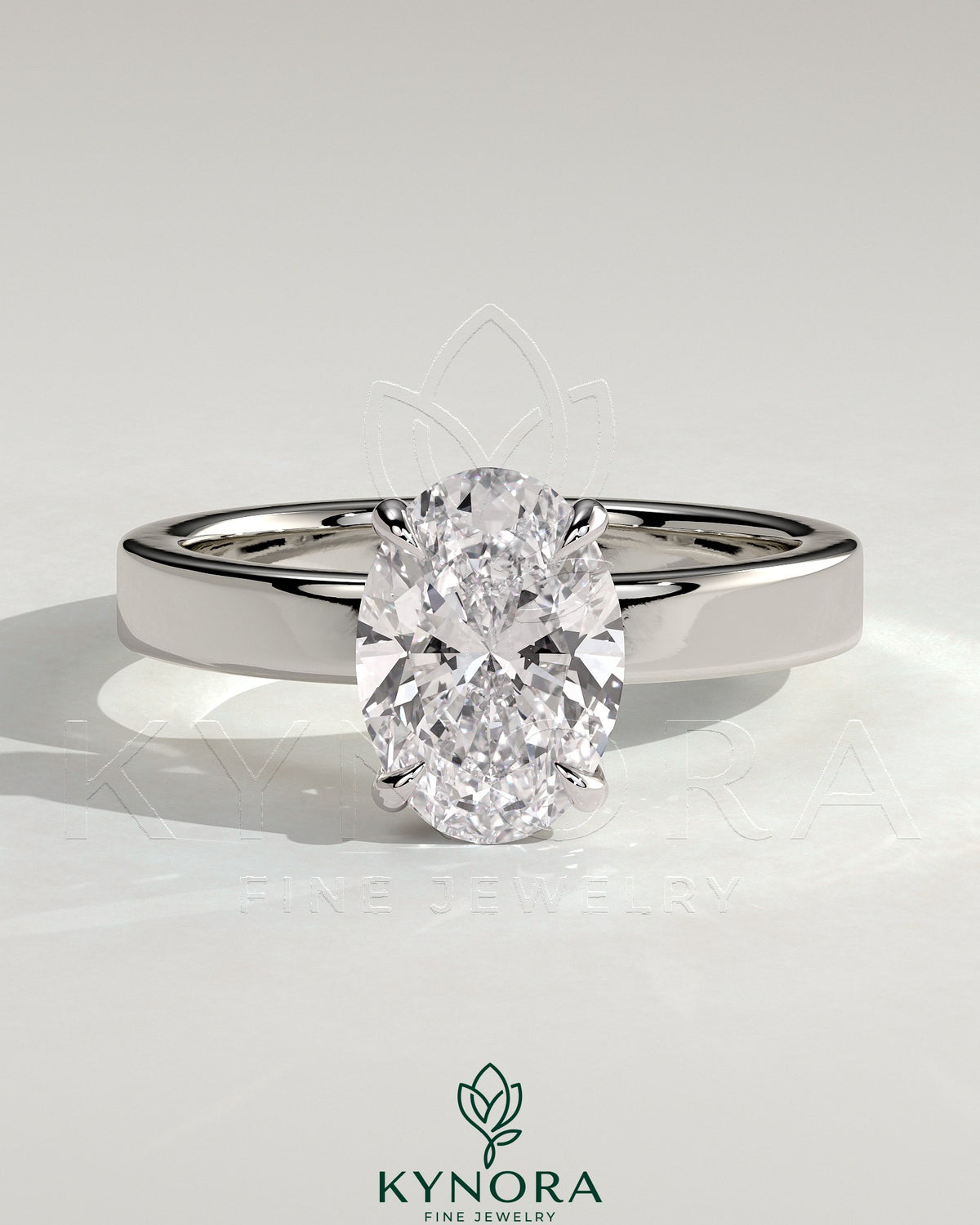 Kynora CJ 2ct oval claw solitaire engagement ring with flat cigar band and hidden halo in polished gold finish. Main image