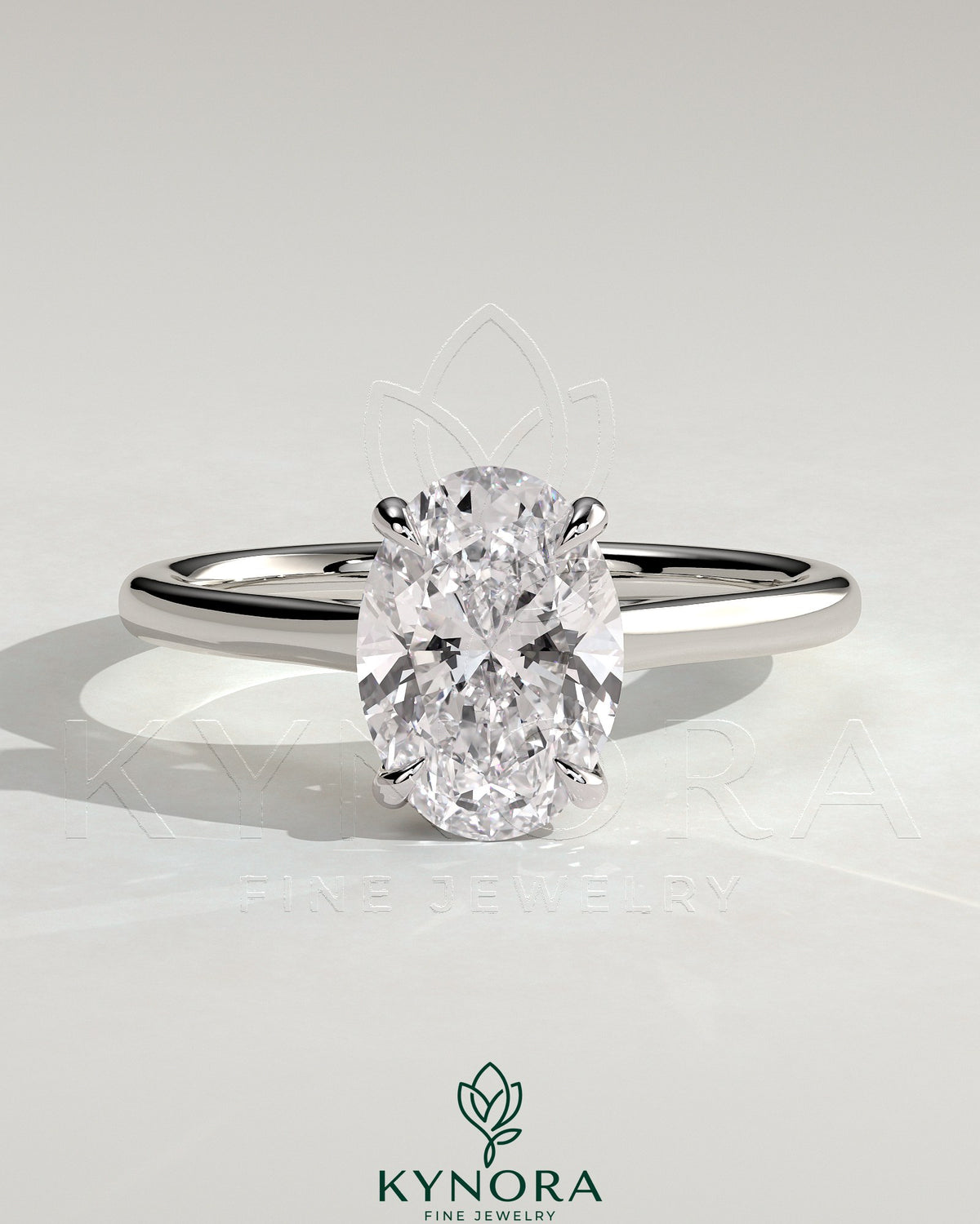 Kynora CJ 2ct oval claw solitaire engagement ring with hidden halo and cathedral high setting, showcasing elegant diamond design.