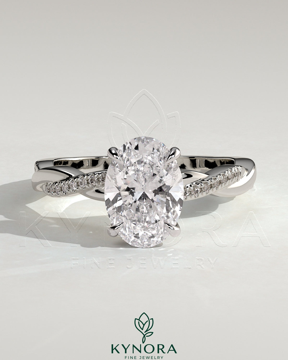 Kynora CJ 2ct oval claw solitaire engagement ring with hidden halo and twisted pave band, showcasing elegant diamond craftsmanship. Main image