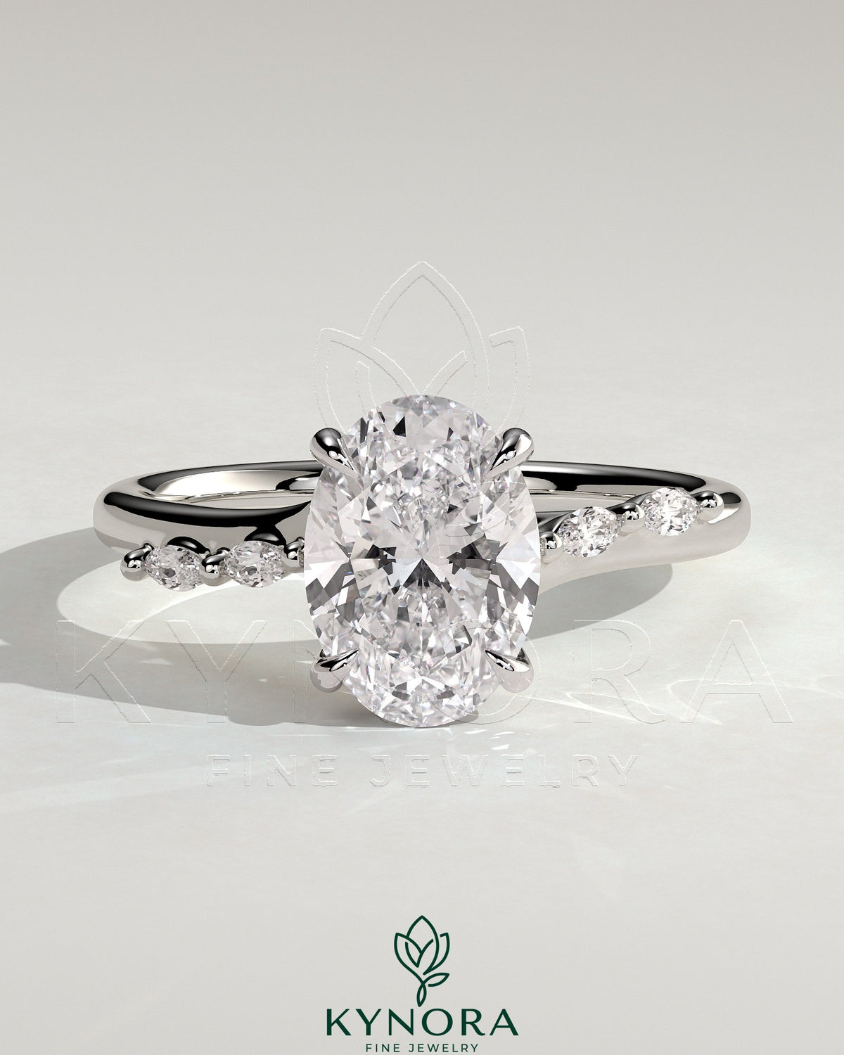 Kynora CJ 2ct oval claw solitaire engagement ring with hidden halo, opposing marquise accents, cathedral high setting. Main image