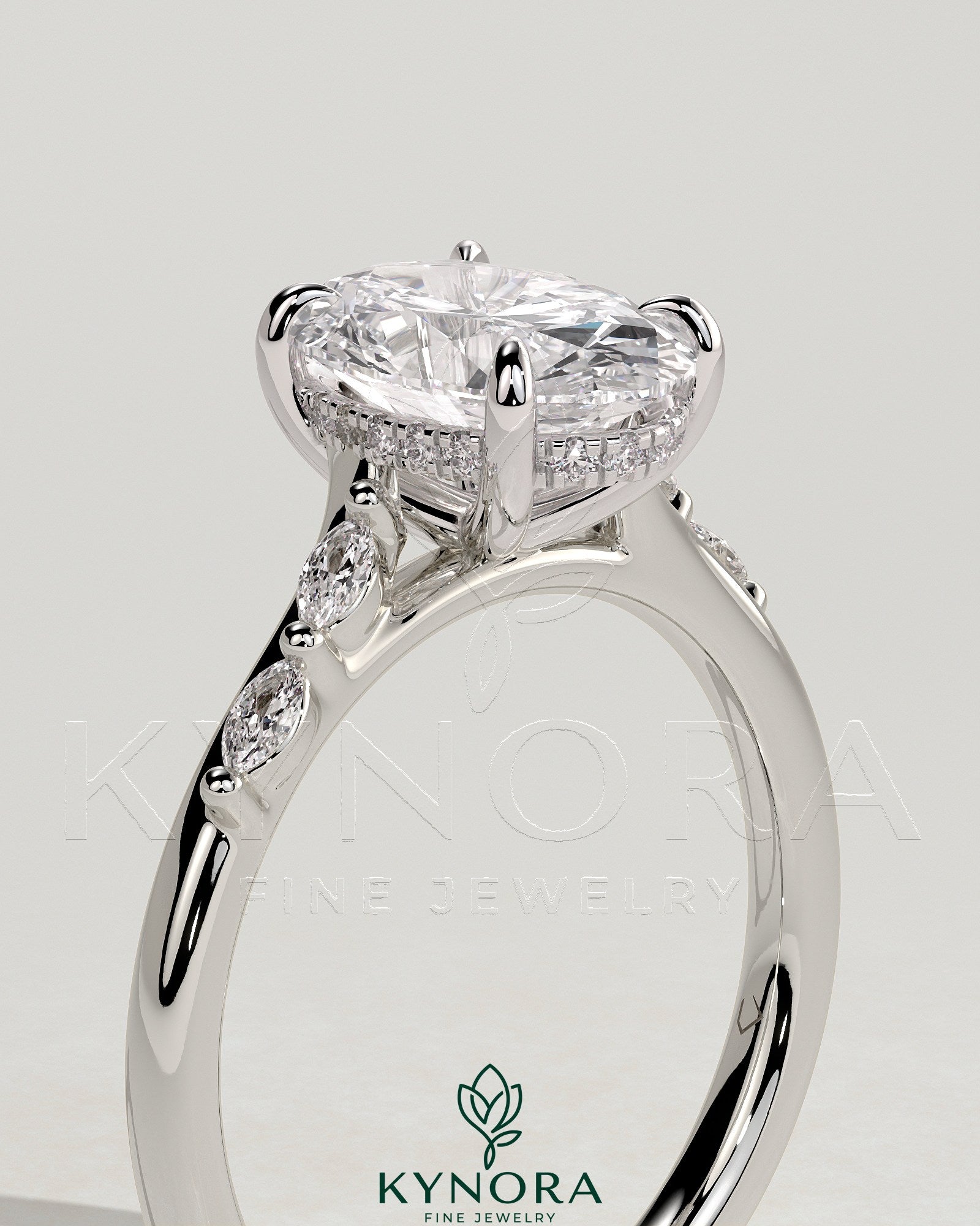 2ct Oval Claw Solitaire with Hidden Halo, Opposing Marquise Accents and Cathedral High Setting Engagement Ring Secondary image