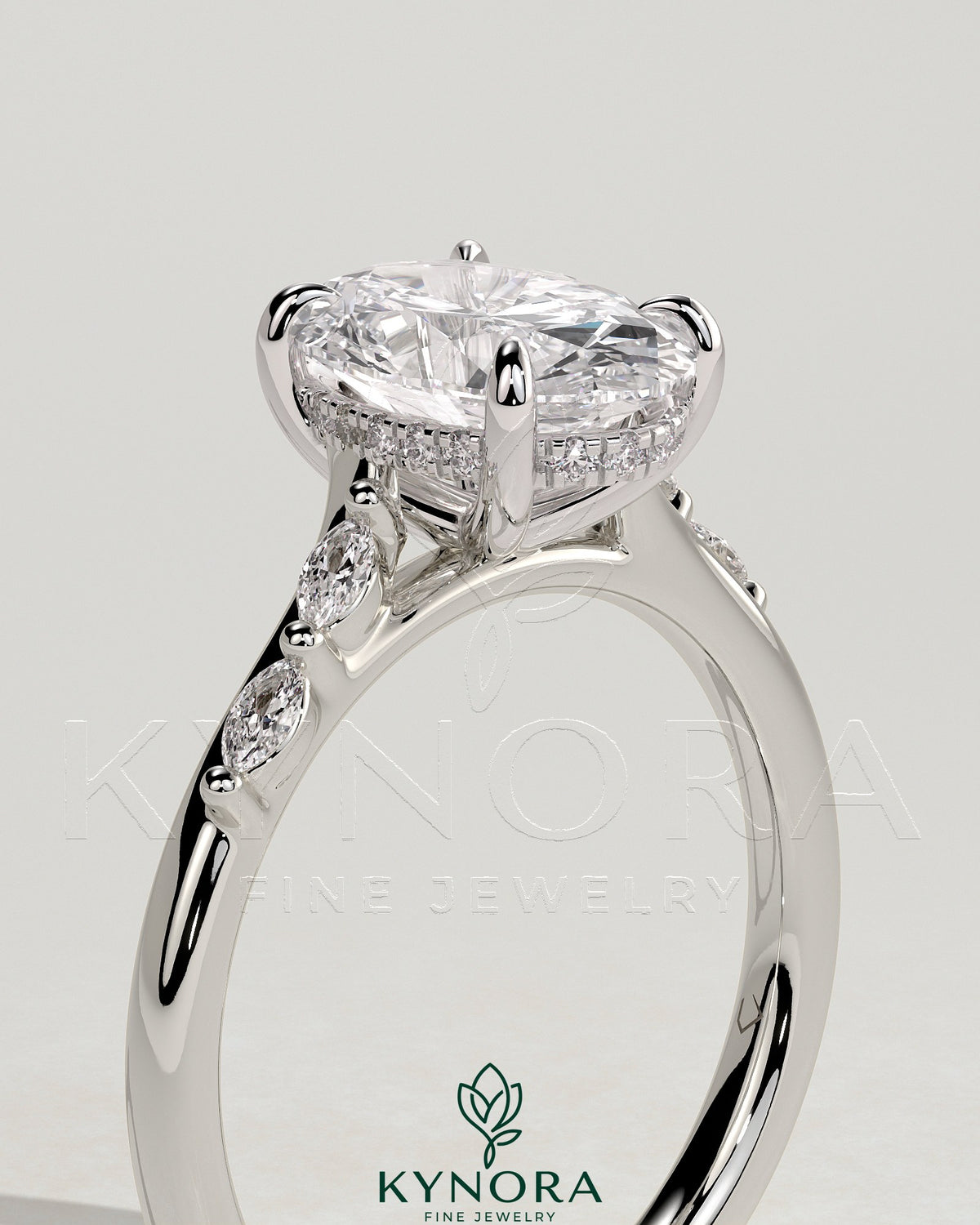 Kynora CJ 2ct oval claw solitaire engagement ring with hidden halo, marquise accents, and cathedral setting, showcasing intricate design.
