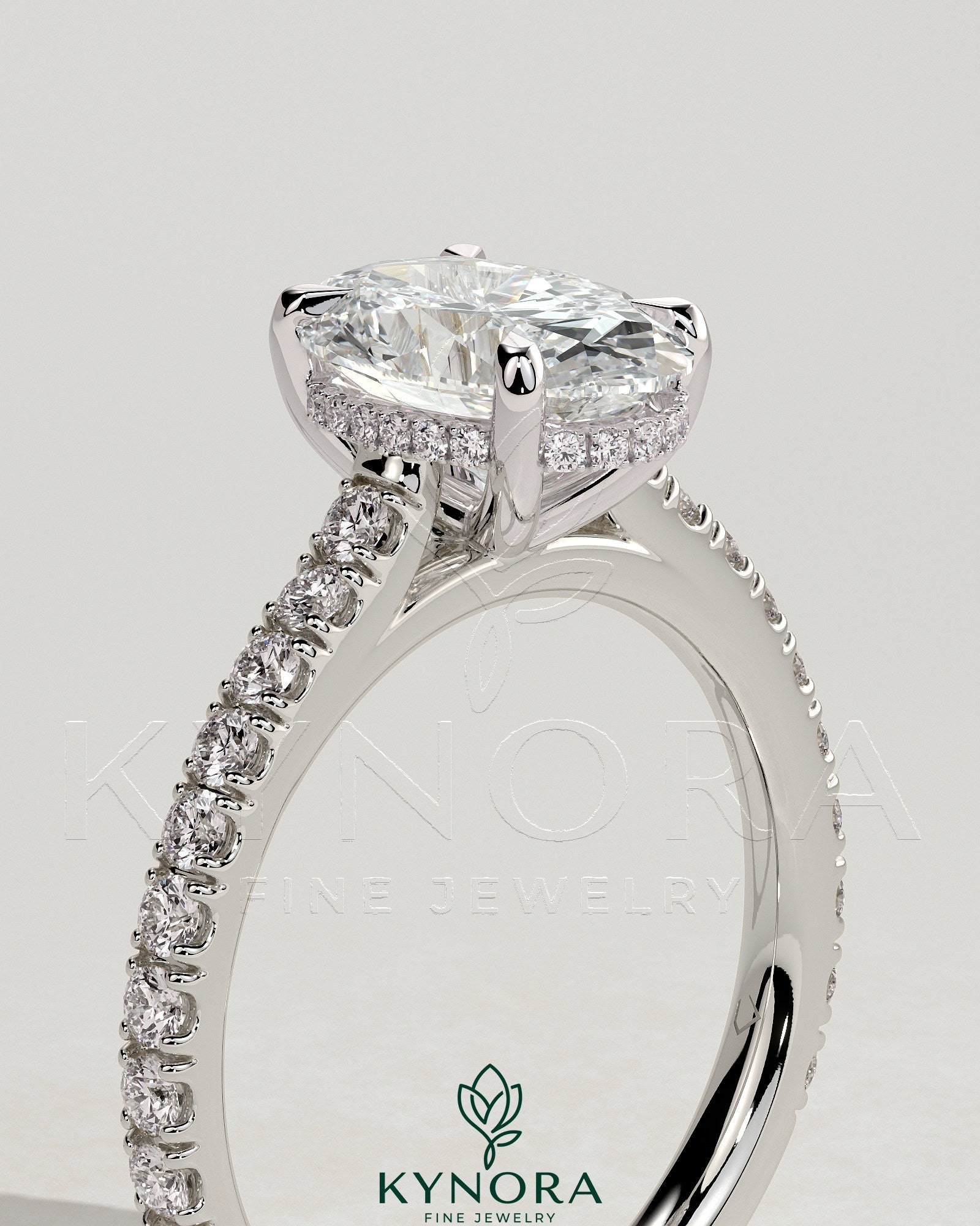2ct Oval Claw Solitaire with Hidden Halo, Pave Band and Cathedral High Setting Engagement Ring Secondary image