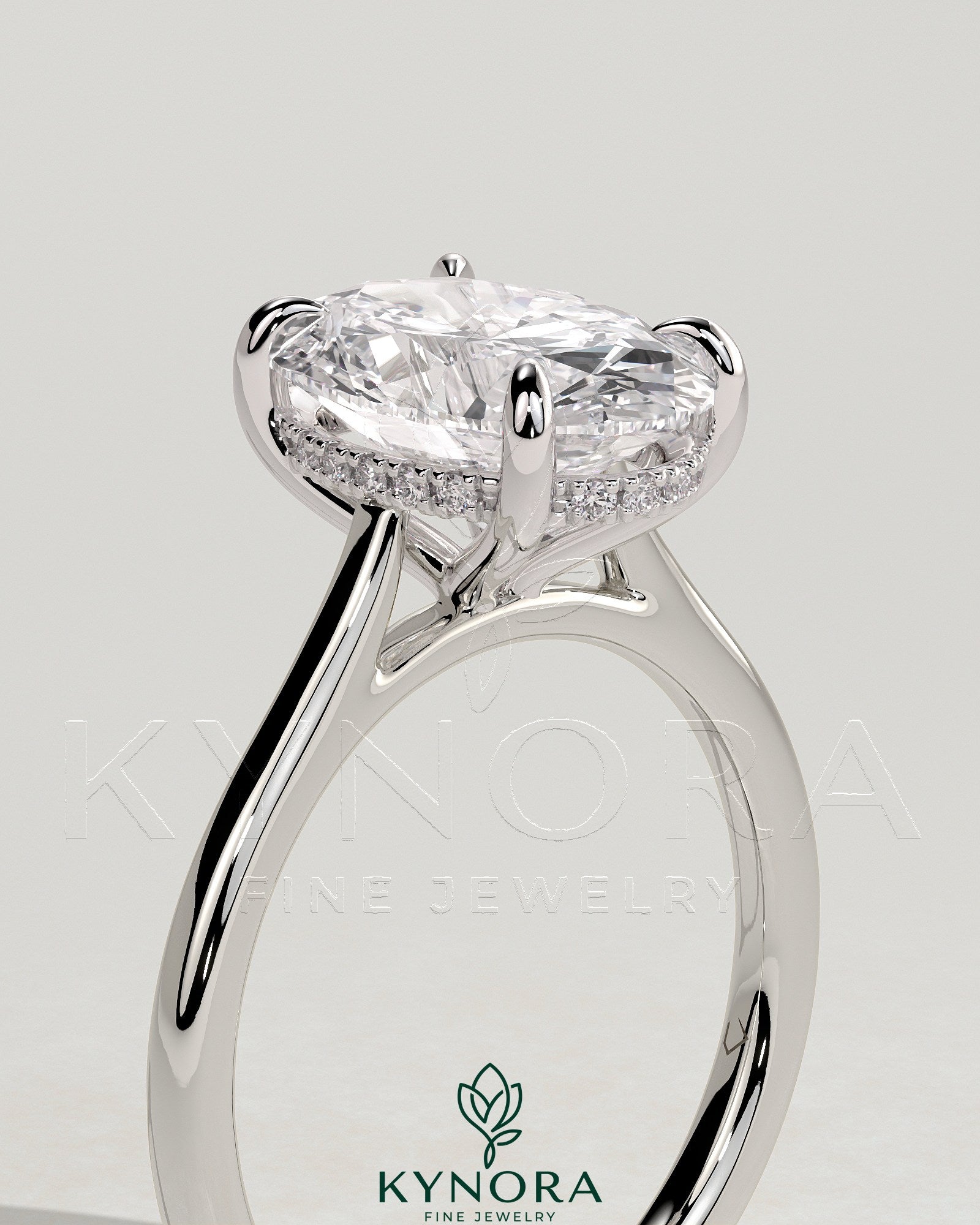 2ct Oval Claw Solitaire with Hidden Halo, Tapered Band and Cathedral High Setting Engagement Ring Secondary image