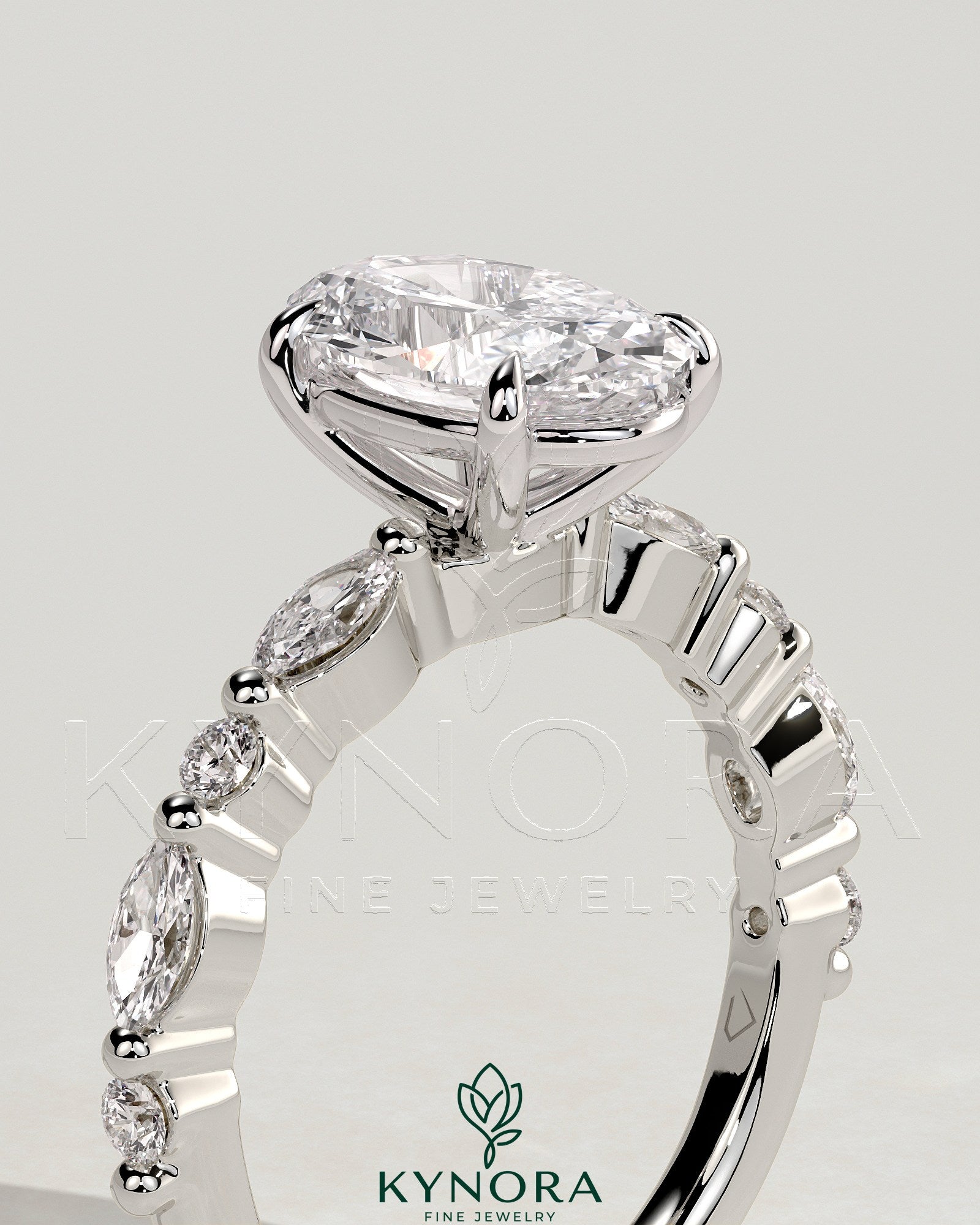2ct Oval Claw Solitaire with Marquise and Round Accent Stones Engagement Ring Secondary image