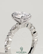 Kynora CJ 2ct oval claw solitaire engagement ring with marquise and round accent stones, showcasing elegant diamond design.