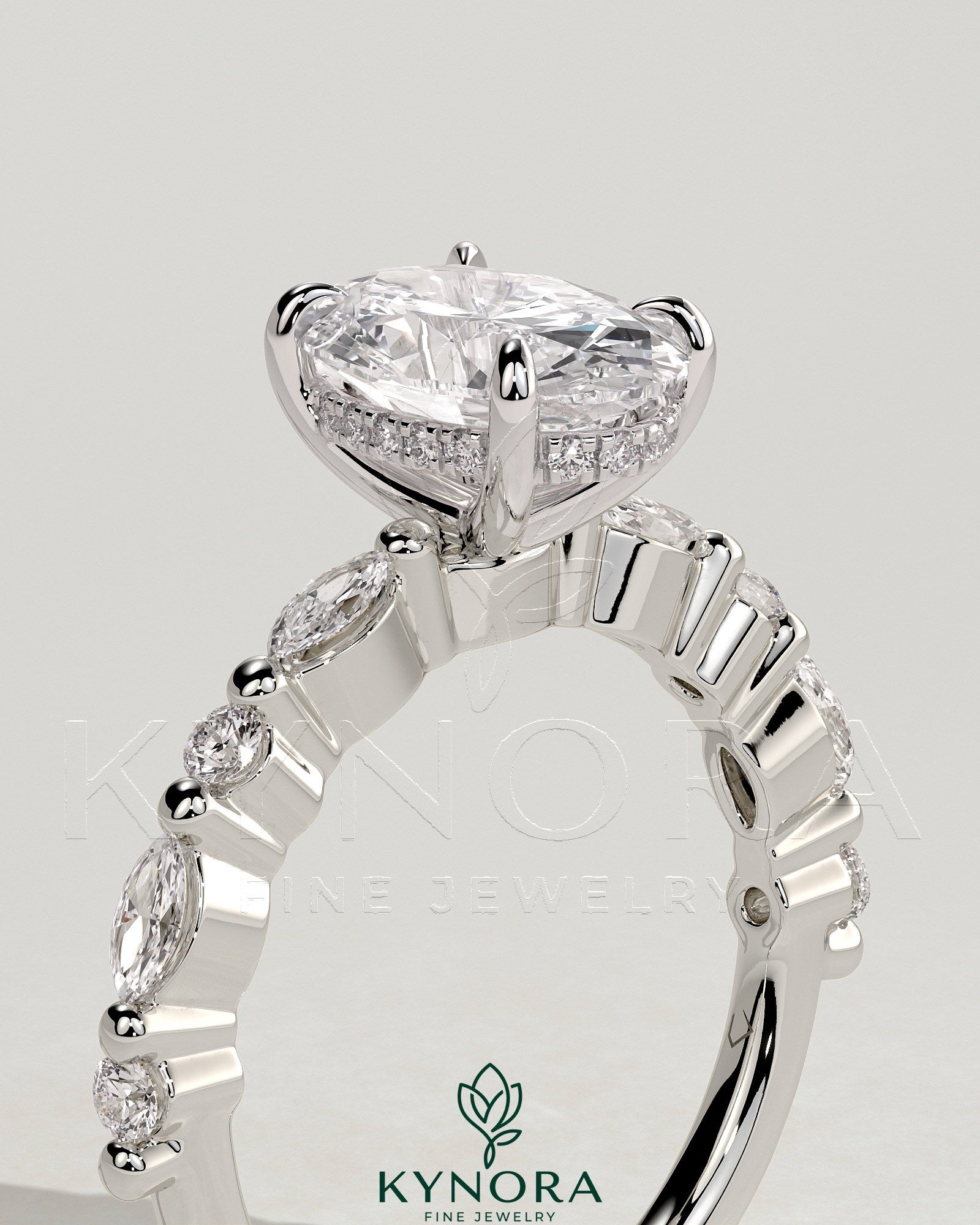 2ct Oval Claw Solitaire with Marquise-Round Accent Stones and Hidden Halo Engagement Ring Secondary image
