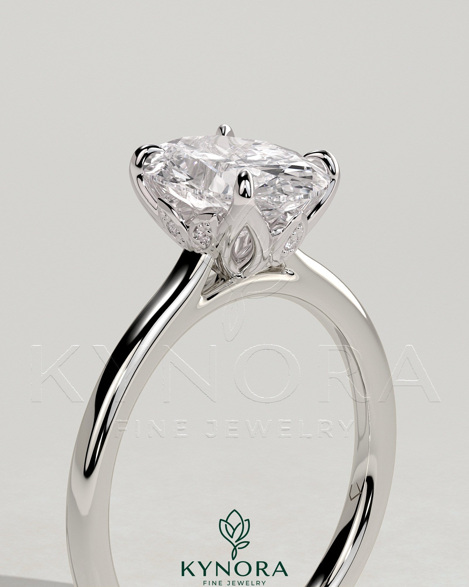 2ct Oval Claw Solitaire with Petal Gallery, Accent Leaf Detail and Cathedral Setting Engagement Ring Secondary image