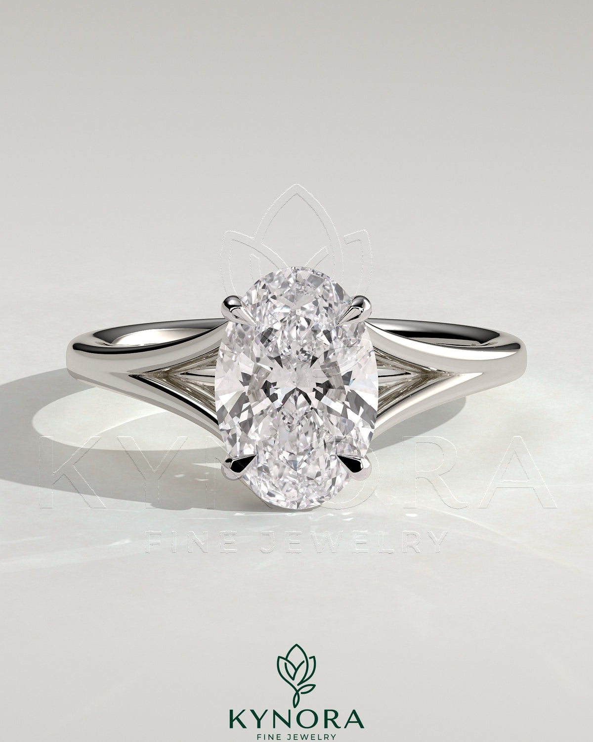 Kynora CJ 2ct oval claw solitaire engagement ring with split shank and cathedral high setting, showcasing elegant diamond design.