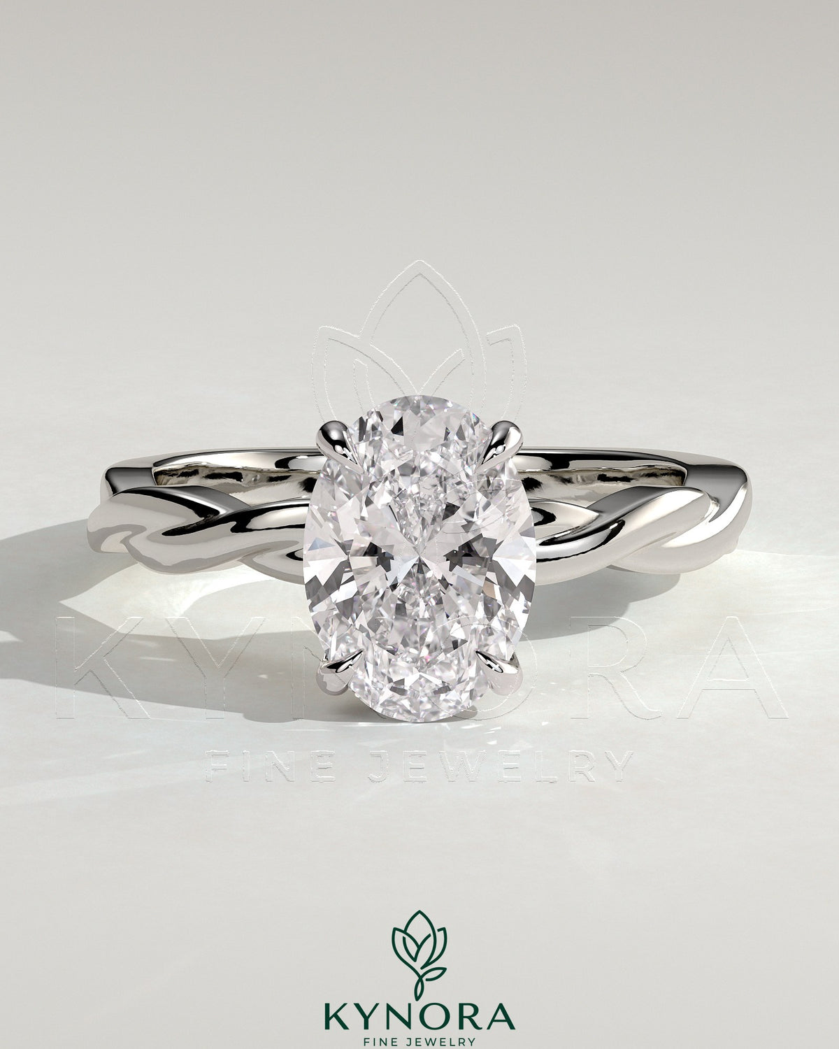 Kynora CJ 2ct oval diamond claw solitaire engagement ring with twisted band in silver setting on a white background. Main image