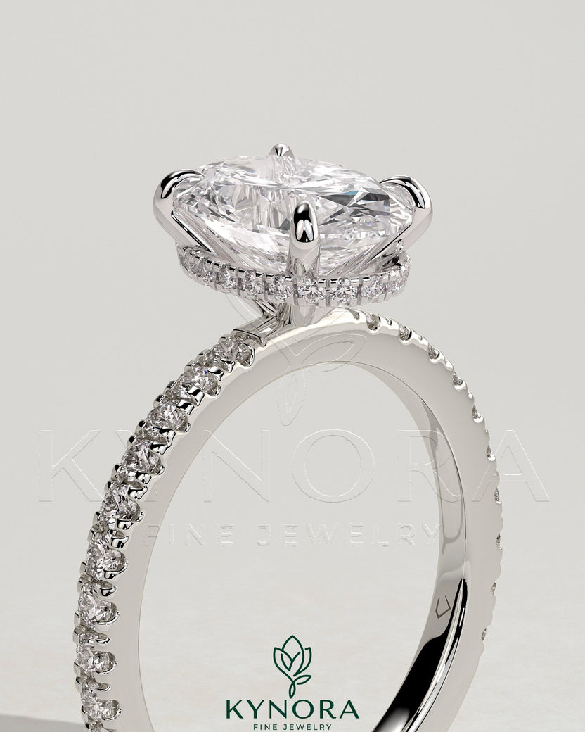 2ct Oval Claw Solitaire with Wrap Around Hidden Halo and Pave Band ...