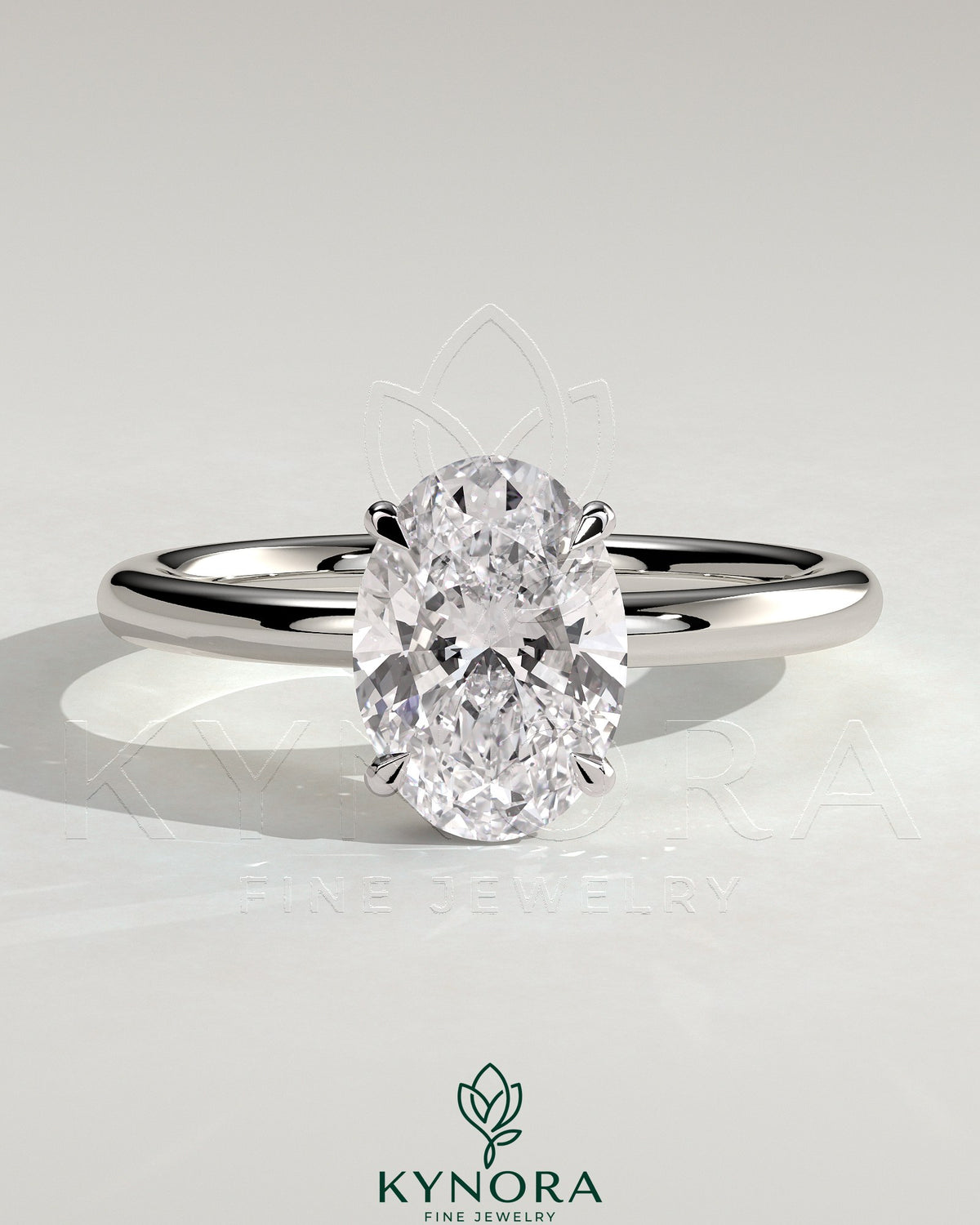Kynora CJ 2ct oval claw solitaire engagement ring with wrap-around hidden halo design, showcasing elegant diamond setting.