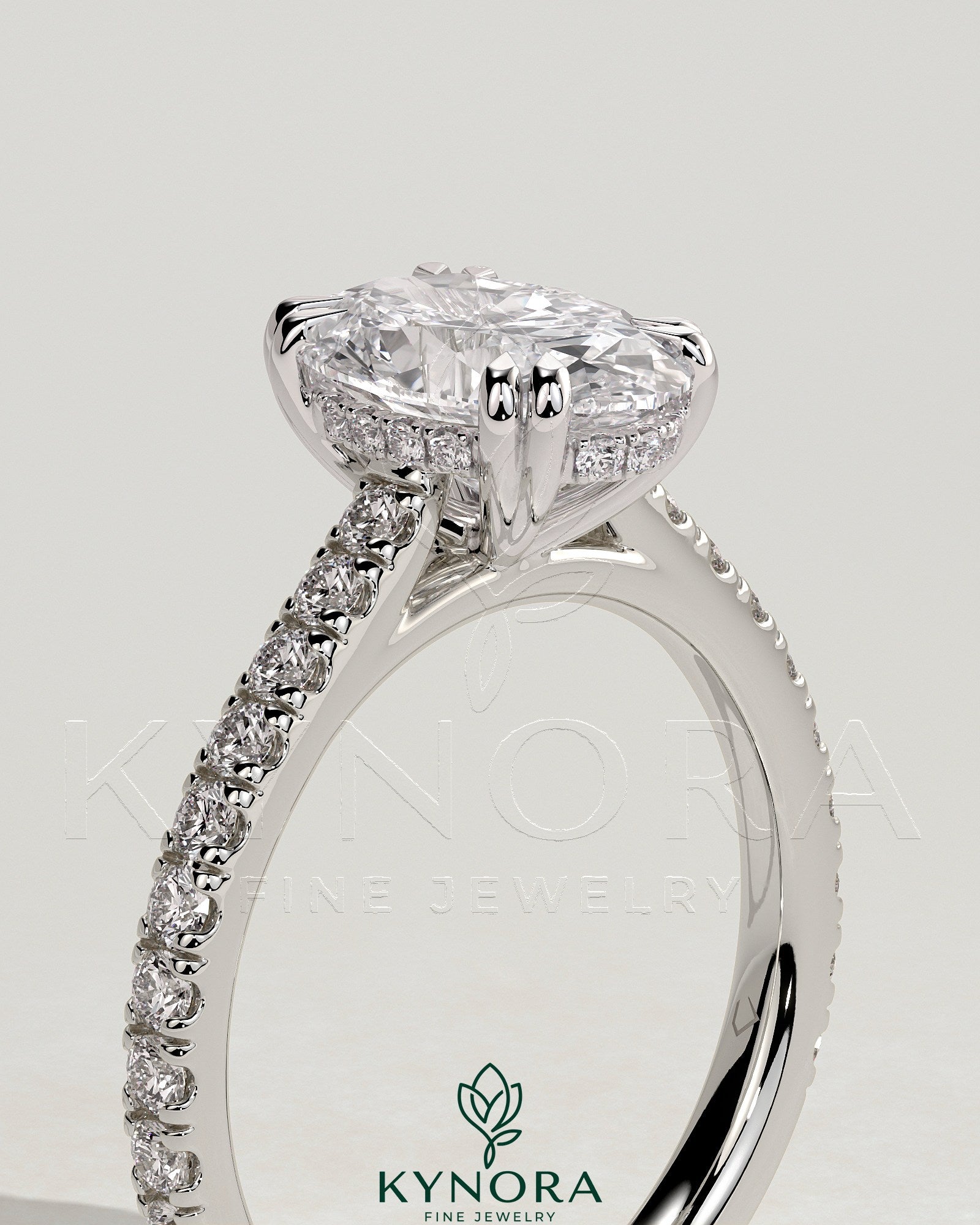 2ct Oval Double Claw Solitaire with Hidden Halo, Pave Band and Cathedral High Setting Engagement Ring Secondary image