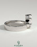 Kynora CJ 2ct pear-shaped diamond solitaire engagement ring with offset setting and flat cigar band in silver gold finish.