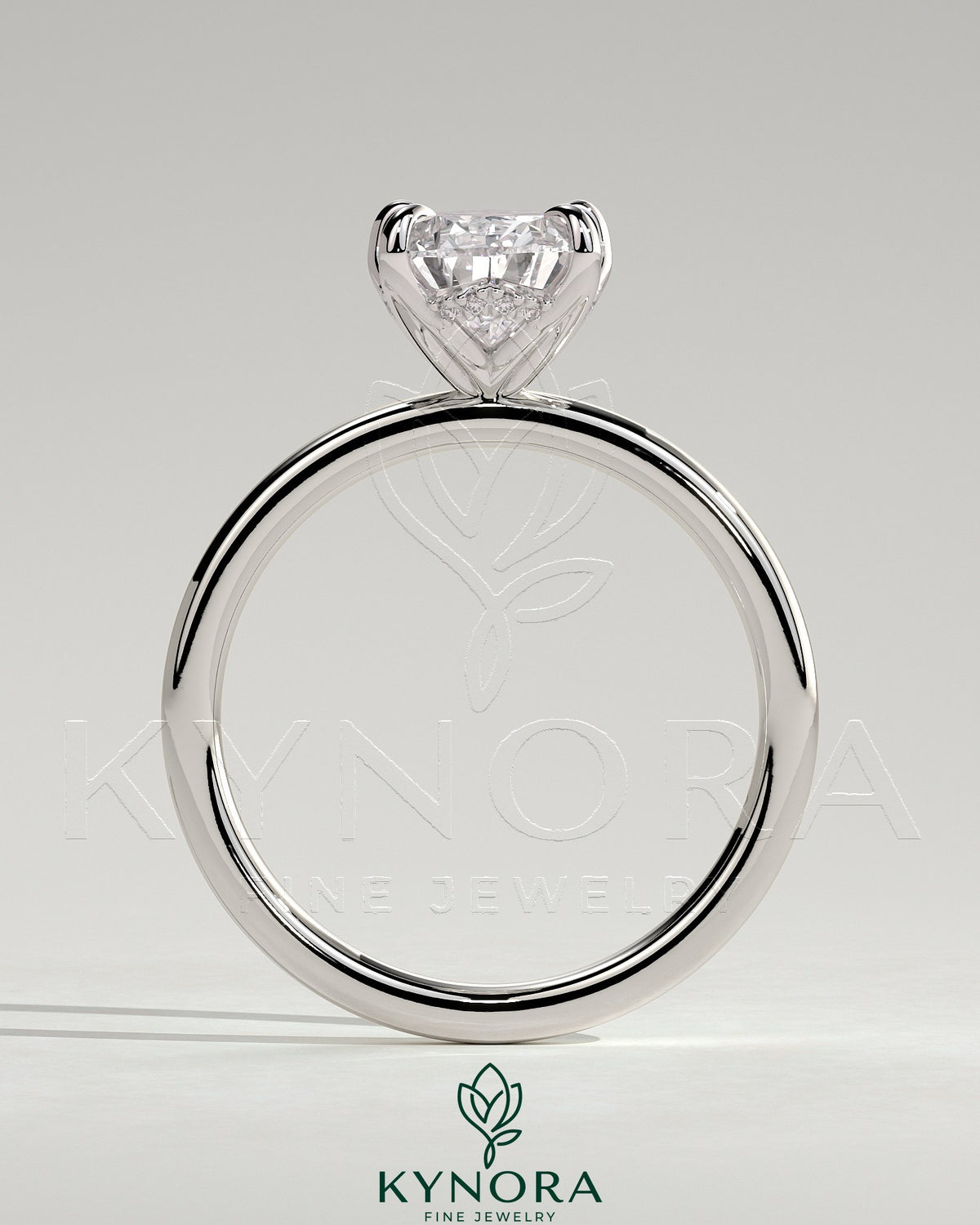 Kynora CJ 2ct pearl claw solitaire engagement ring with petal gallery and accented tiara detail, showcasing intricate craftsmanship.