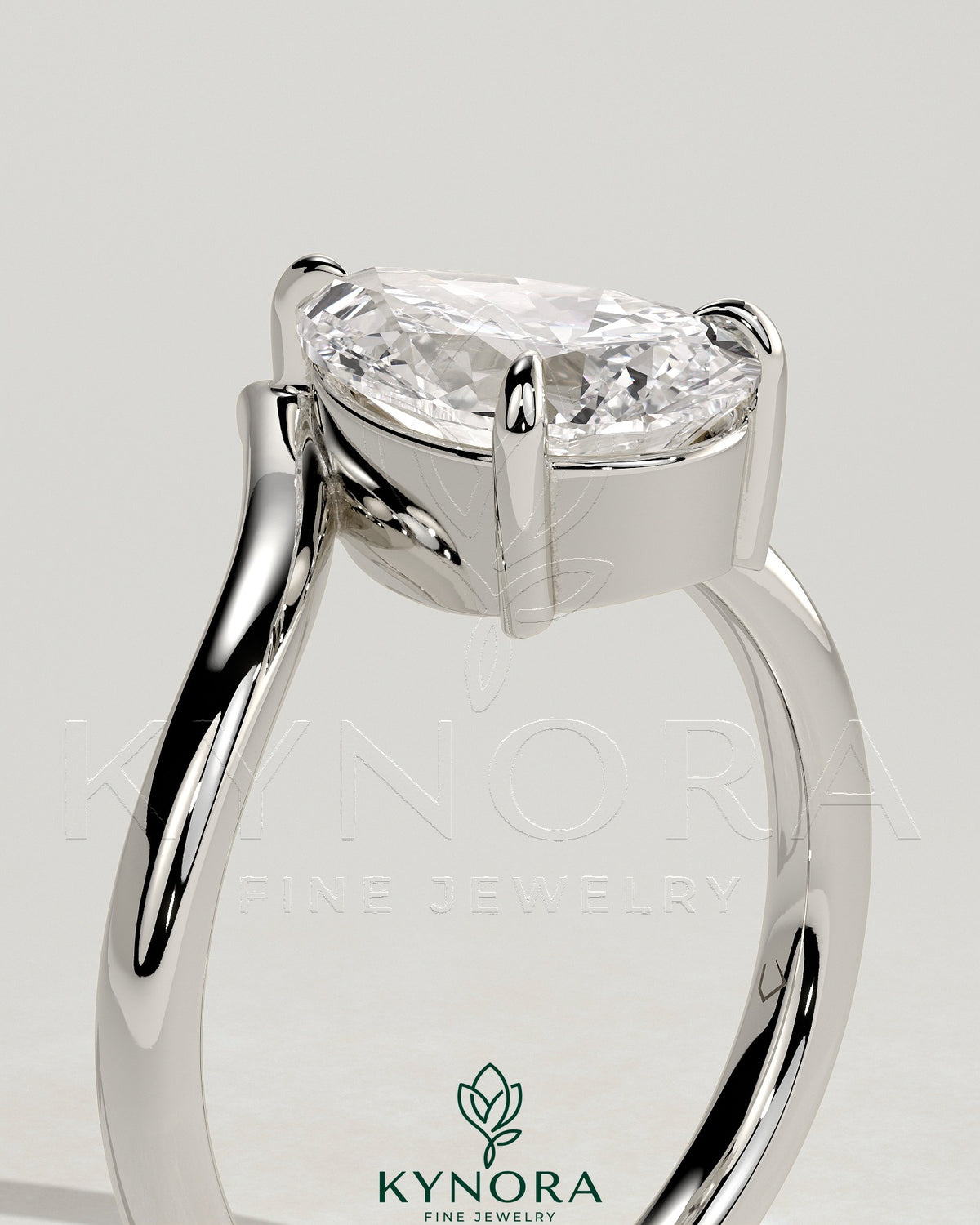 Kynora CJ 2ct pear-shaped diamond solitaire engagement ring with V band in polished metal finish