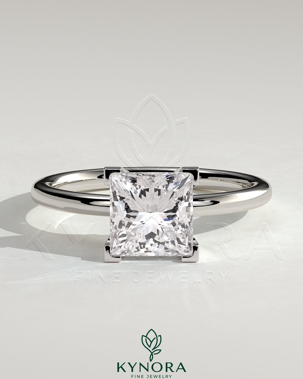 Kynora CJ 2ct princess cut solitaire engagement ring with a sleek band, showcasing a sparkling princess gemstone on a polished setting. Main image