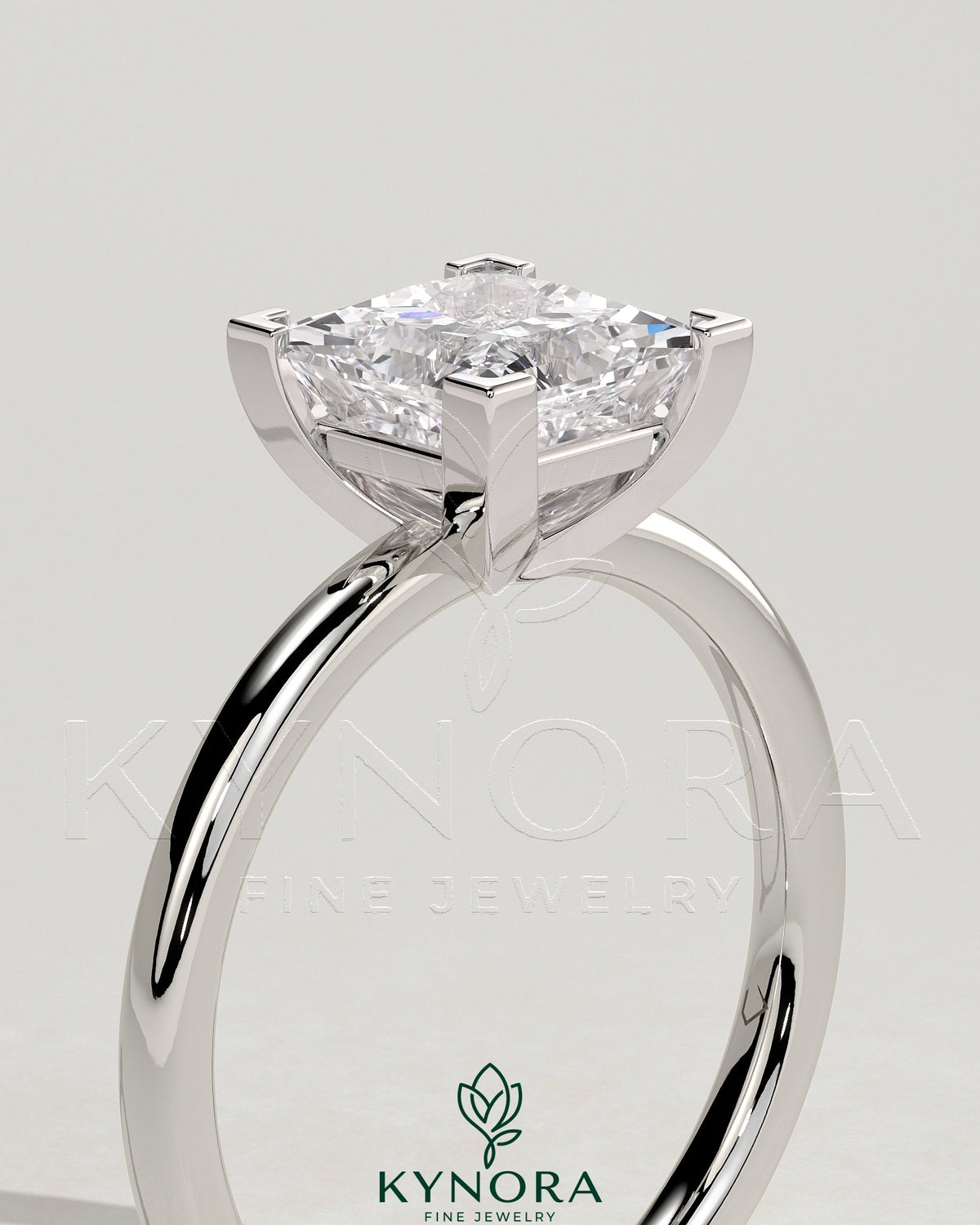 Kynora CJ 2ct princess cut solitaire engagement ring with a sleek band and sparkling diamond setting.