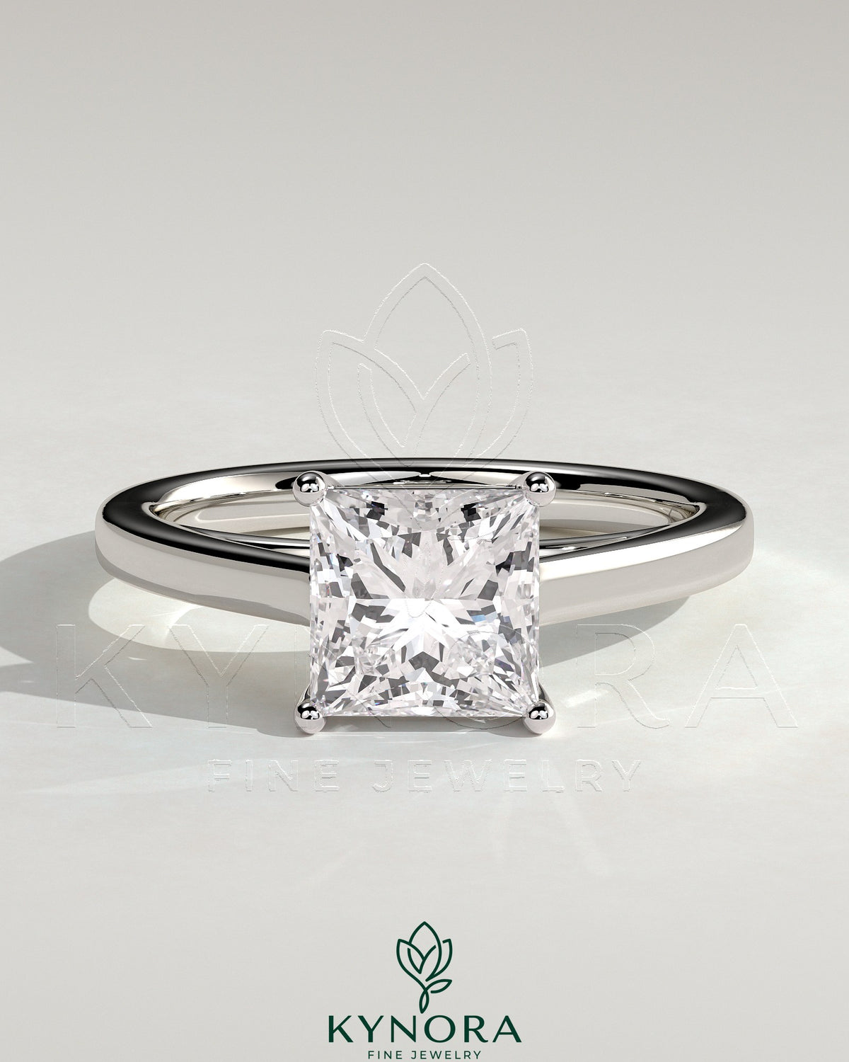 Kynora CJ 2ct princess claw solitaire engagement ring with flat band and cathedral high setting, showcasing sparkling diamond design.