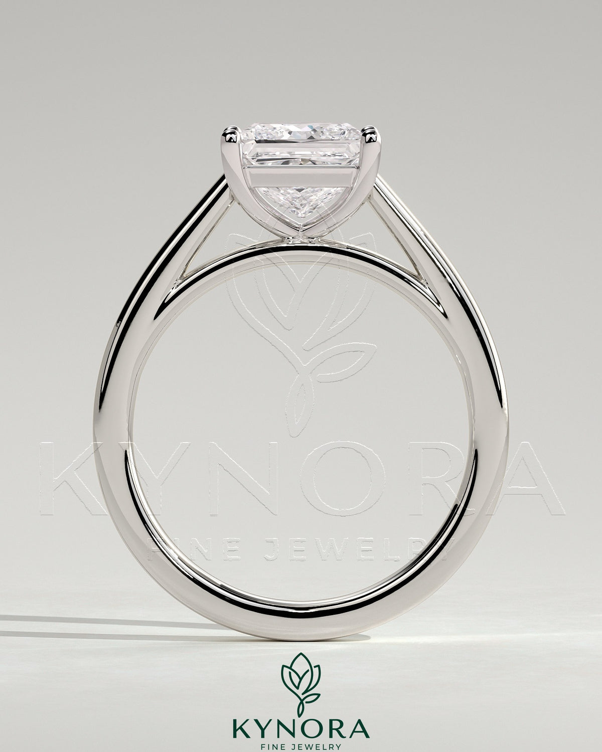 Kynora CJ 2ct princess cut diamond solitaire engagement ring with flat band and cathedral high setting, showcasing elegant jewelry design
