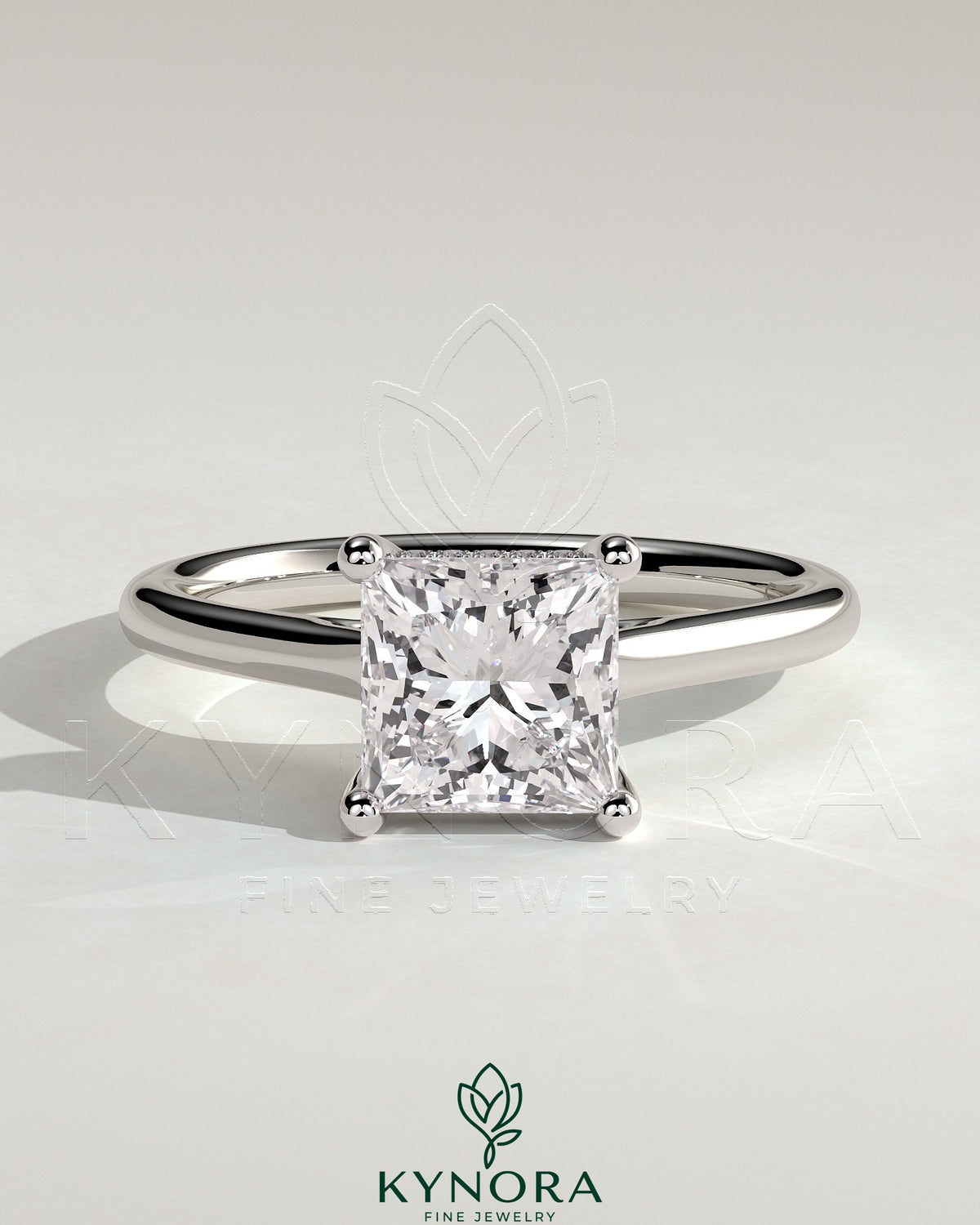 Kynora CJ 2ct princess cut solitaire engagement ring with hidden halo and cathedral high setting, showcasing intricate diamond details.