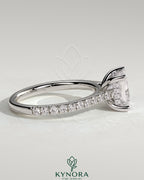 Kynora CJ 2ct princess claw solitaire engagement ring with hidden halo, pave band, and cathedral high setting.