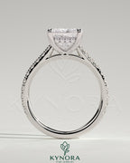 Kynora CJ 2ct princess claw solitaire engagement ring with hidden halo, pave band, and cathedral high setting.