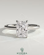 Kynora CJ 2ct radiant cut diamond solitaire engagement ring with cathedral low setting and open trellis gallery design