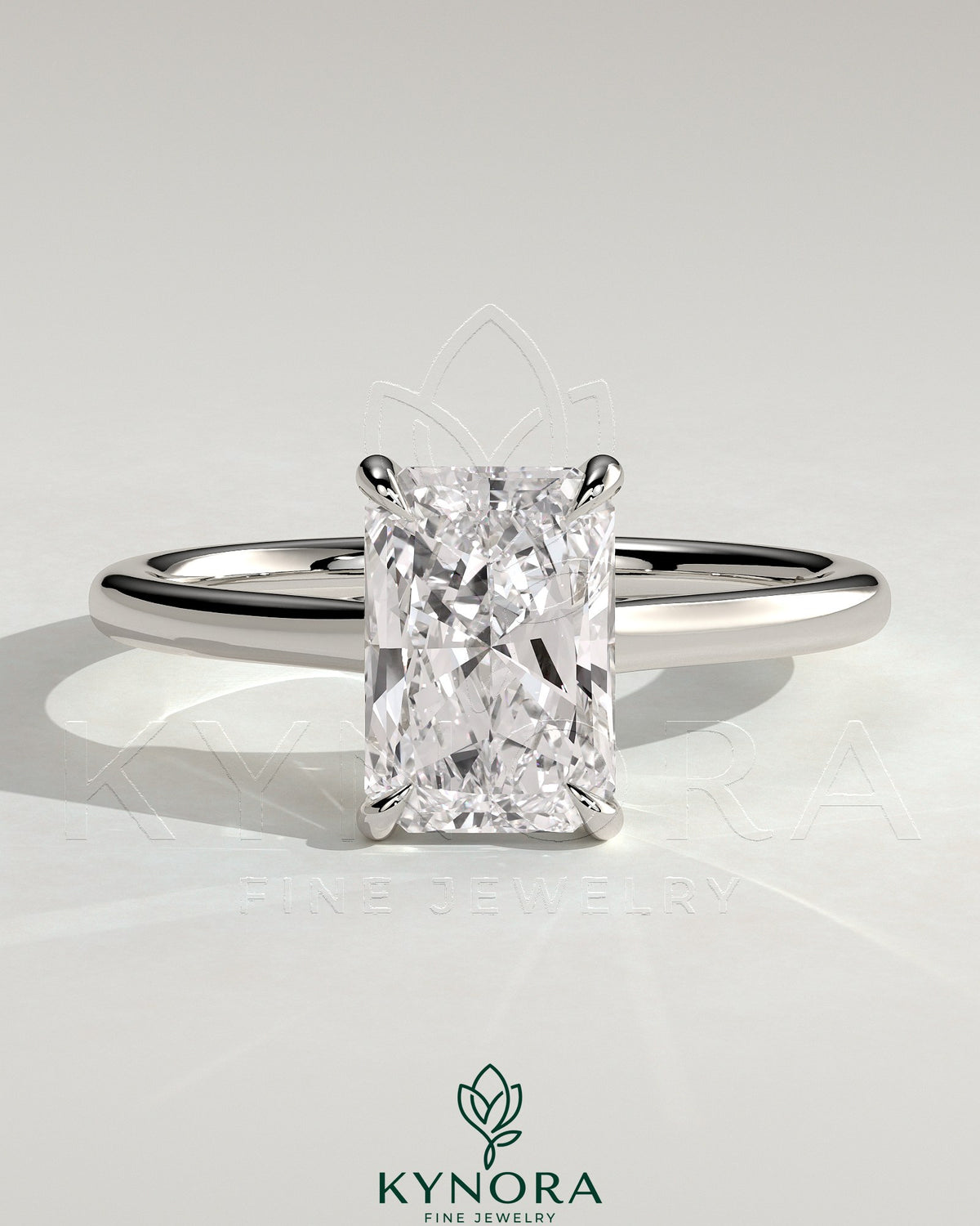 Kynora CJ 2ct radiant cut diamond solitaire engagement ring with cathedral low setting and open trellis gallery design