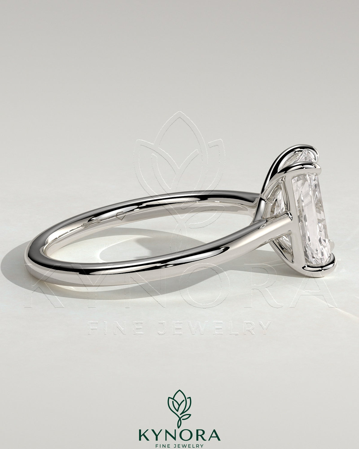 Kynora CJ 2ct radiant claw solitaire engagement ring with cathedral low setting and open trellis gallery in gold.