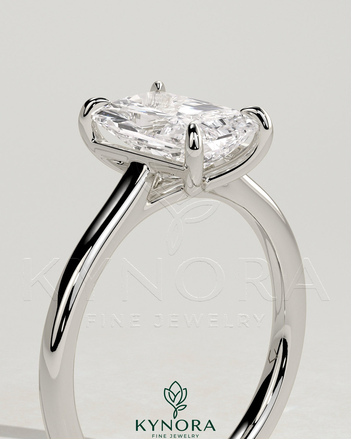 Kynora CJ 2ct radiant diamond solitaire engagement ring with cathedral low setting and open trellis gallery design.