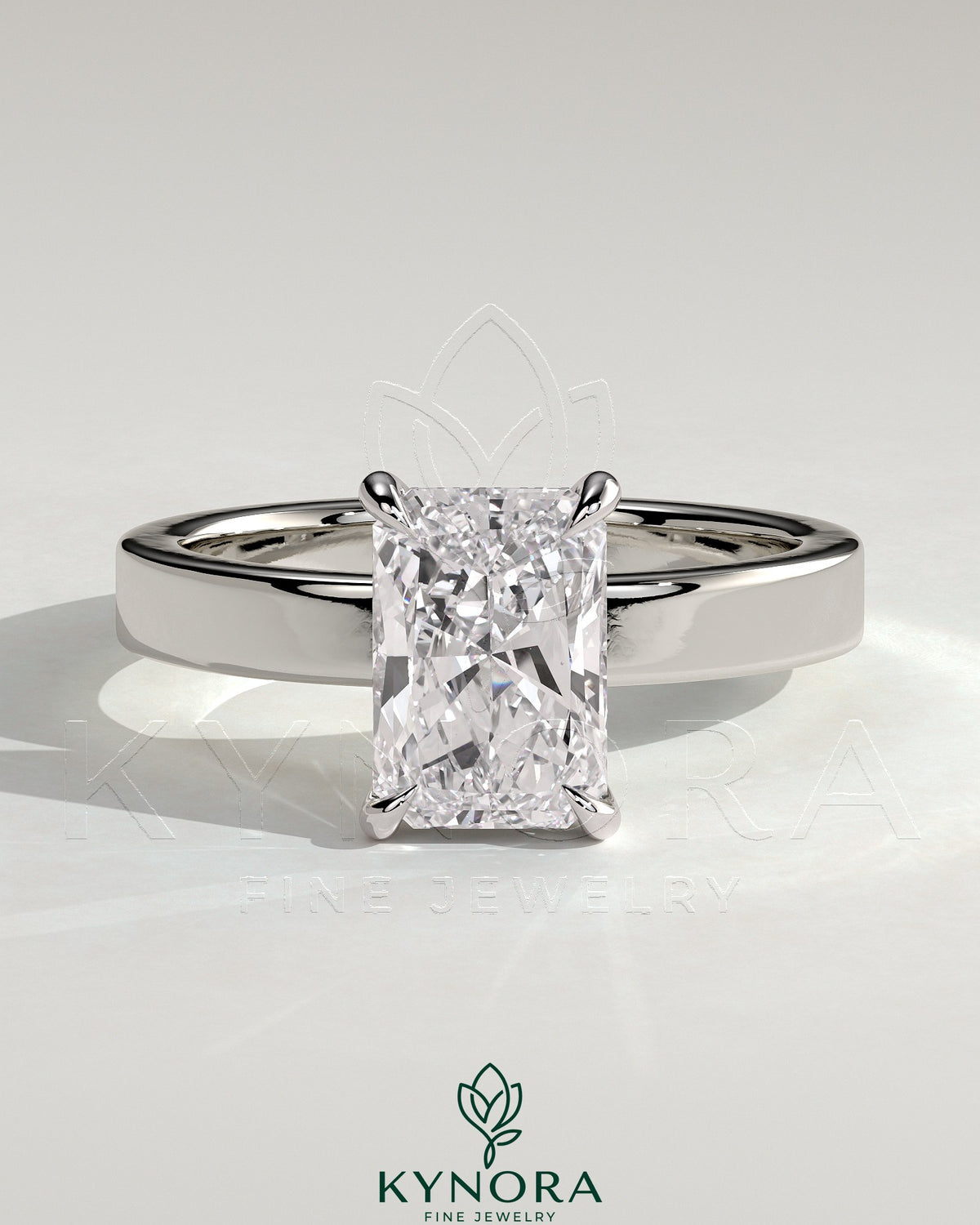 Kynora CJ 2ct radiant cut claw solitaire engagement ring with flat cigar band and hidden halo design. Main image
