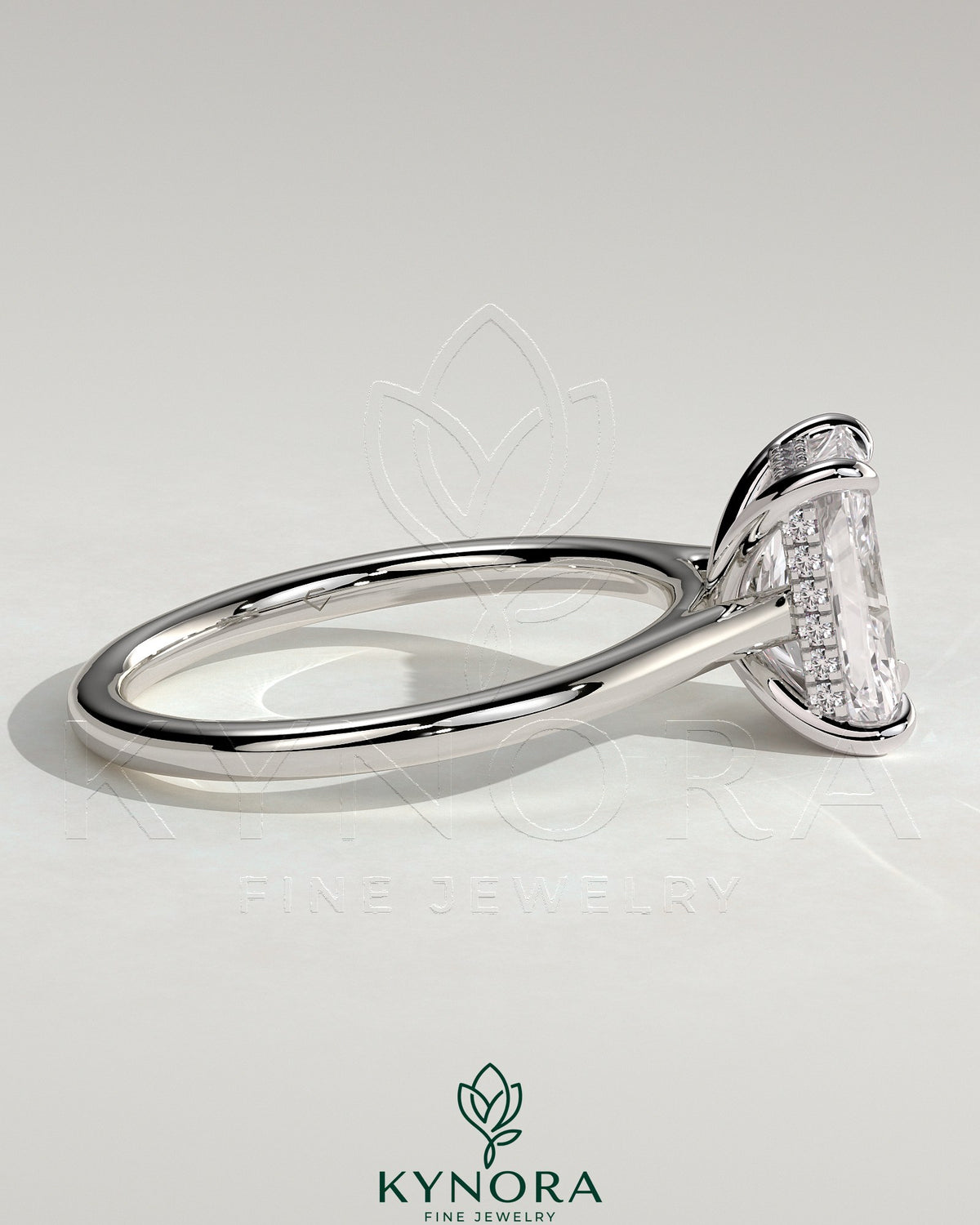 Kynora CJ 2ct radiant diamond solitaire engagement ring with hidden halo and cathedral high setting, showcasing intricate design.