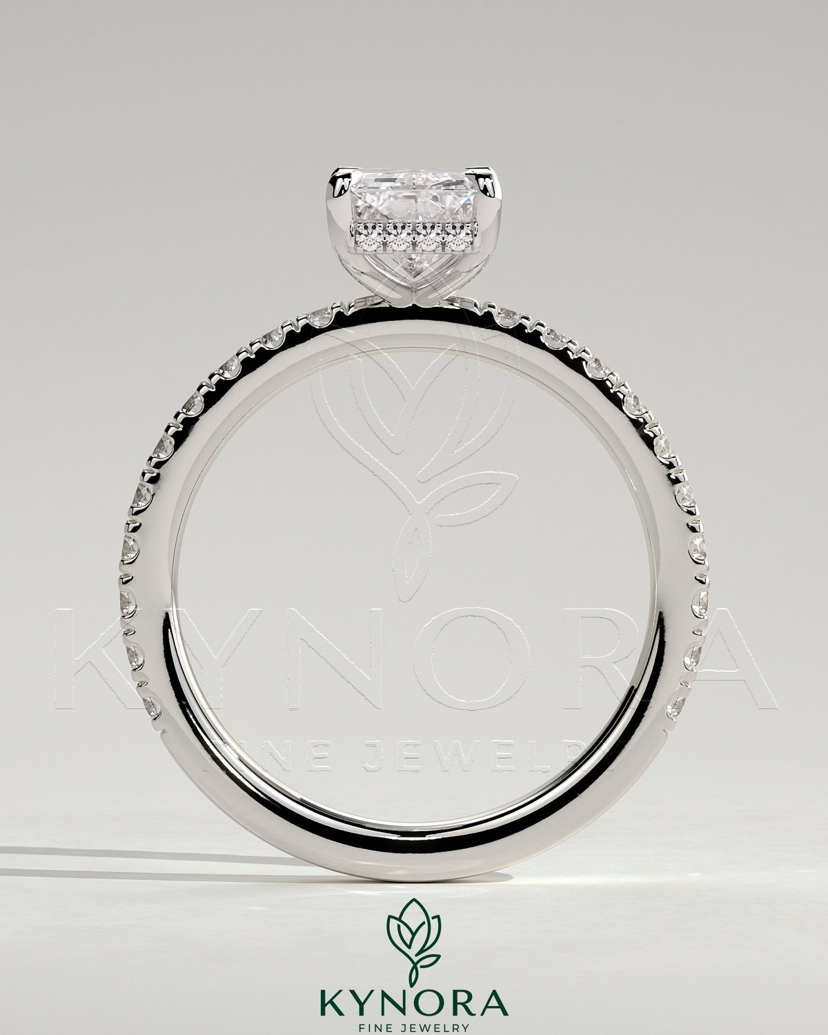 Kynora CJ 2ct radiant diamond solitaire engagement ring with hidden halo and pave band, elegant and sparkling jewelry piece
