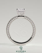 Kynora CJ 2ct radiant cut solitaire engagement ring with hidden halo and triple pave band, showcasing intricate diamond setting.