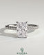 Kynora CJ 2ct radiant diamond claw solitaire engagement ring with hidden halo, pave band, and cathedral high setting.
