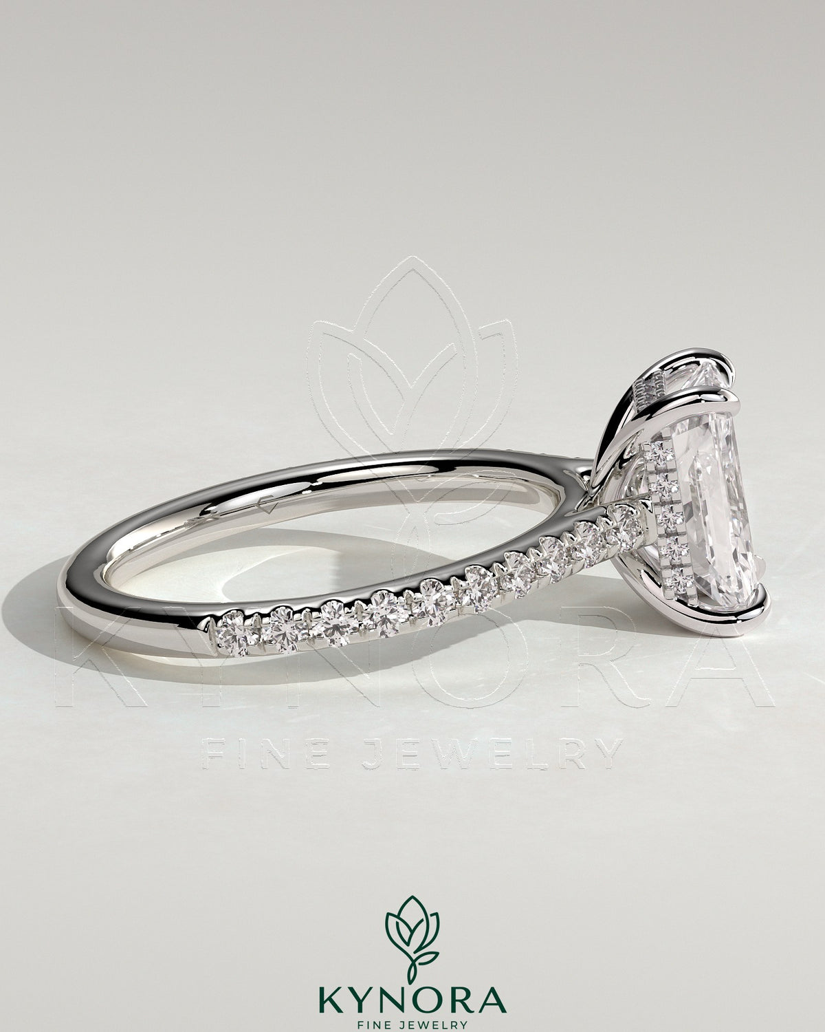 Kynora CJ 2ct radiant diamond solitaire engagement ring with hidden halo, pave band, and cathedral high setting.