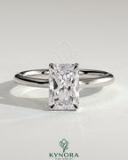 Kynora CJ 2ct radiant claw solitaire engagement ring with hidden halo, tapered band, cathedral high setting, jewelry image