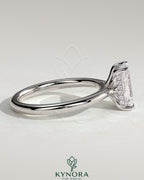 Kynora CJ 2ct radiant diamond claw solitaire engagement ring with hidden halo, tapered band, cathedral high setting, elegant jewelry