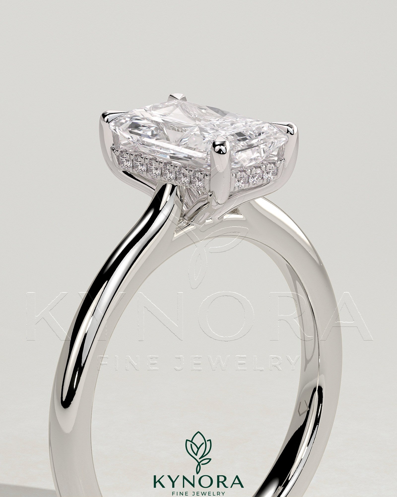 2ct Radiant Claw Solitaire with Hidden Halo, Tapered Band and Cathedral High Setting Engagement Ring Secondary image