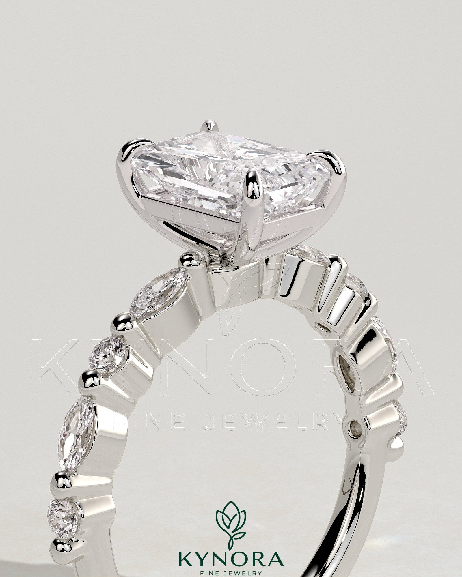 2ct Radiant Claw Solitaire with Marquise and Round Accent Stones Engagement Ring Secondary image