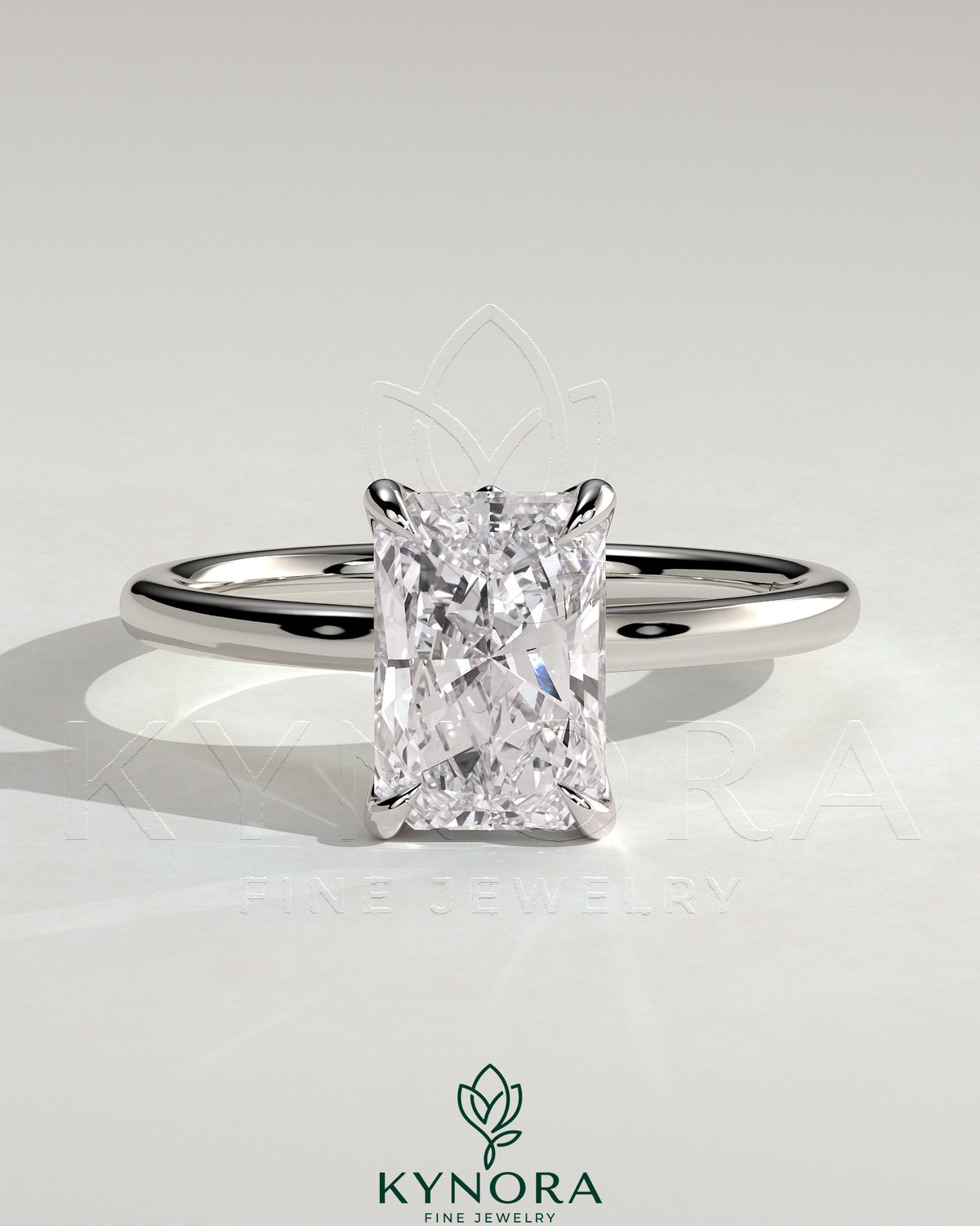 Kynora CJ 2ct radiant diamond solitaire engagement ring with petal gallery, leaf accents, and cathedral setting. Main image