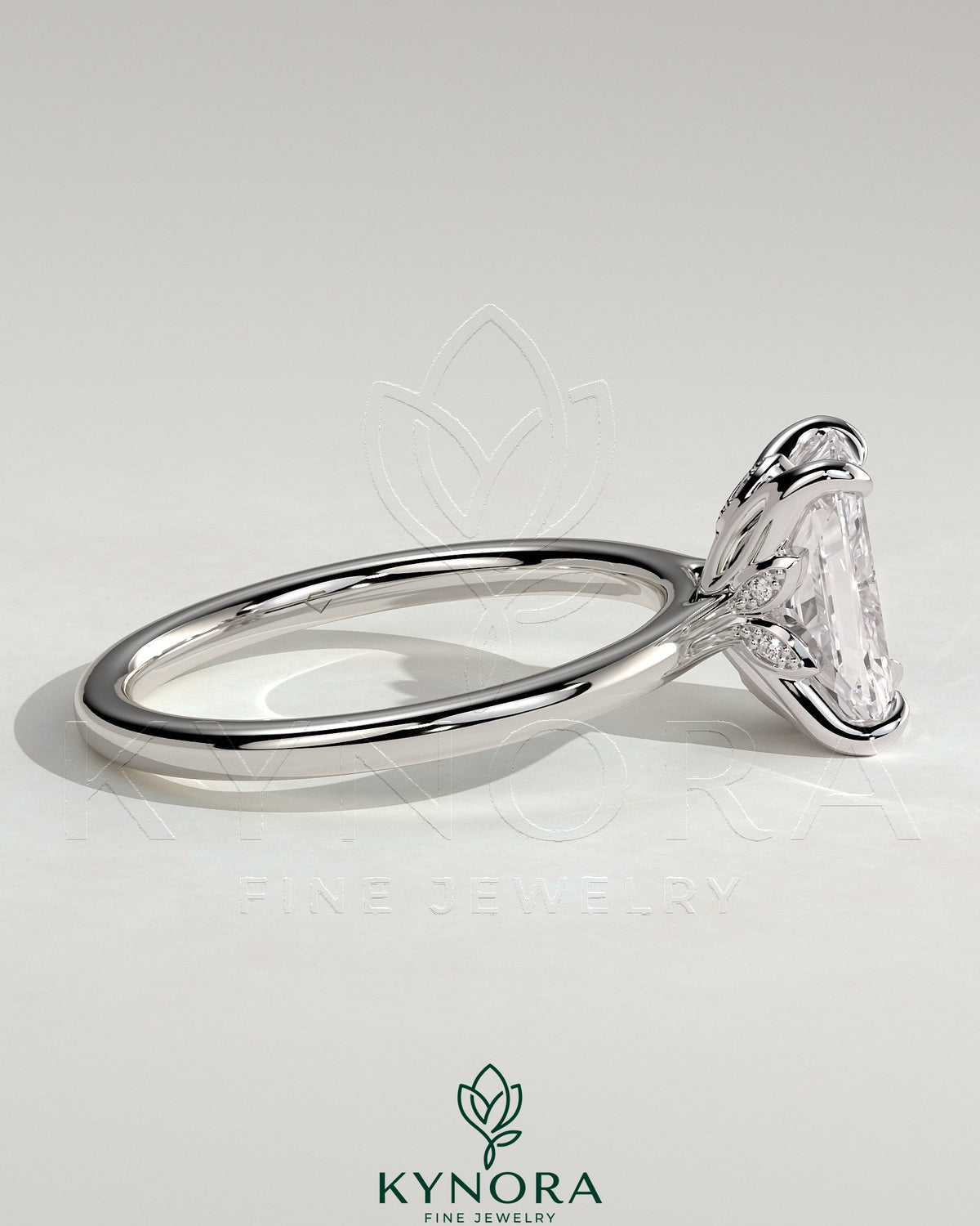 Kynora CJ 2ct radiant claw solitaire engagement ring with petal gallery, leaf accents, and cathedral setting.