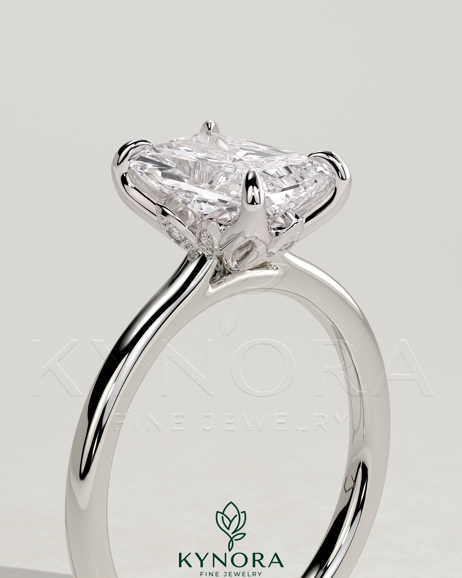 2ct Radiant Claw Solitaire with Petal Gallery, Accent Leaf Detail and Cathedral Setting Engagement Ring Secondary image