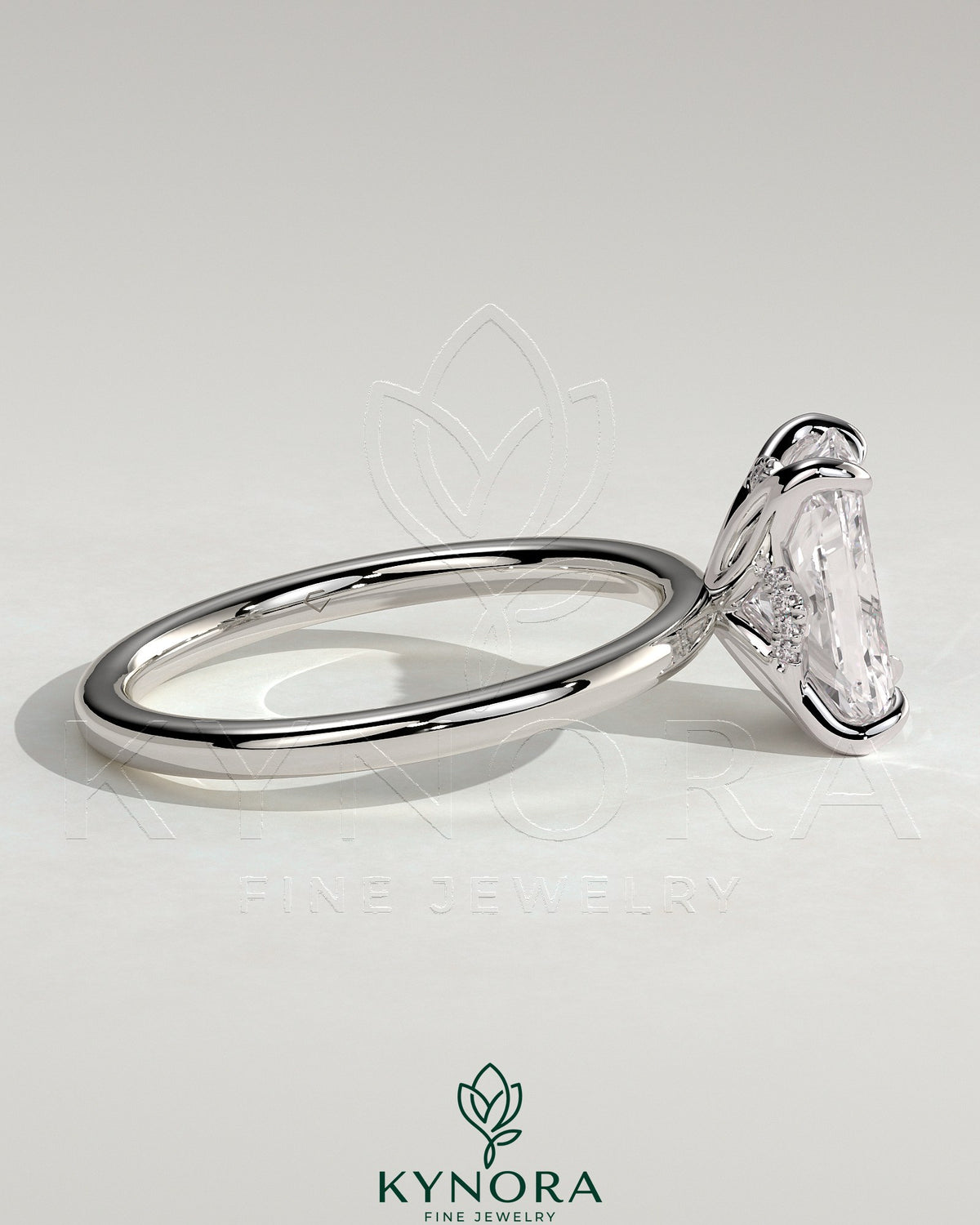Kynora CJ 2ct radiant claw solitaire engagement ring with petal gallery and accented tiara detail, showcasing intricate design.
