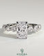 Kynora CJ 2ct radiant claw solitaire engagement ring with round accent stones and hidden halo design.