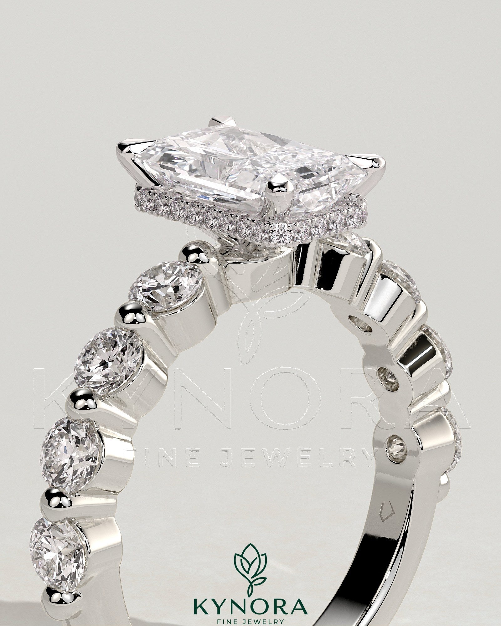 2ct Radiant Claw Solitaire with Round Accent Stones and Wrap Around Hidden Halo Engagement Ring Secondary image