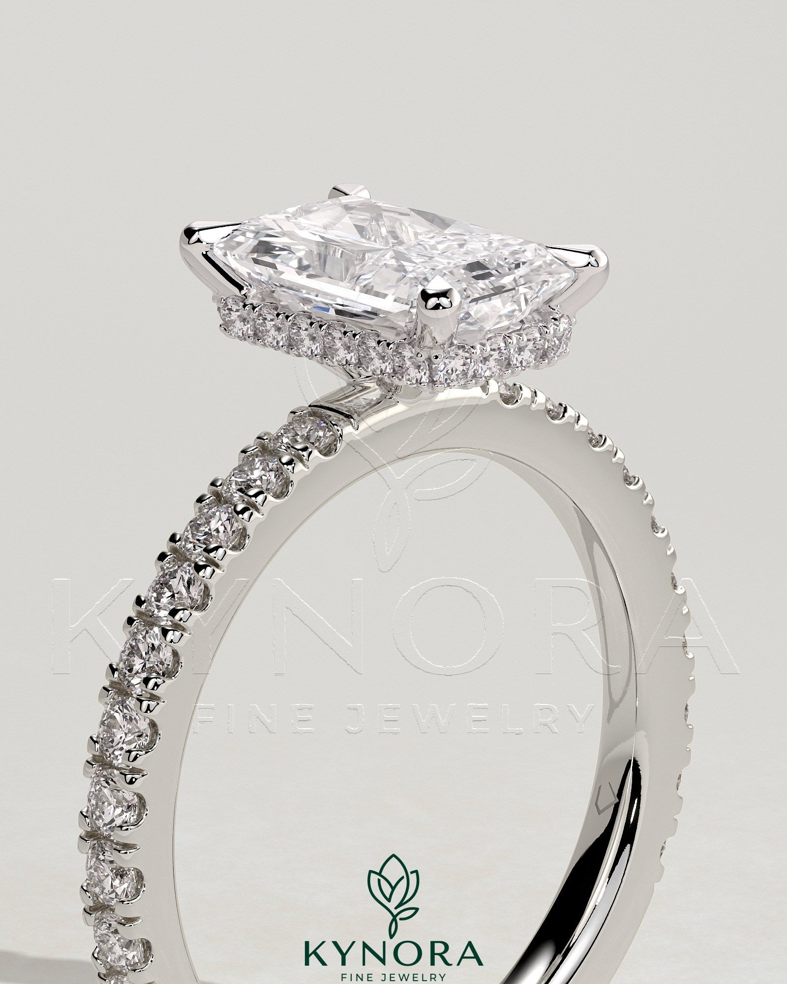 2ct Radiant Claw Solitaire with Wrap Around Hidden Halo and Pave Band Engagement Ring Secondary image