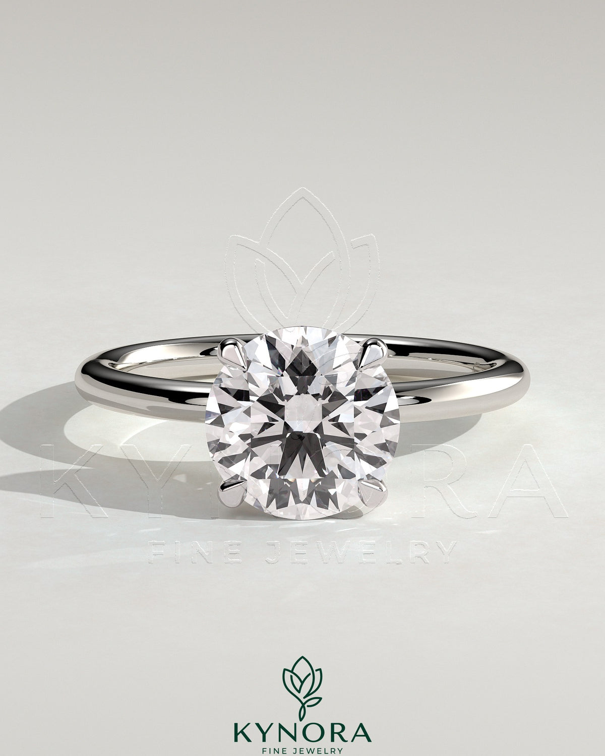 Kynora CJ 2ct round moissanite solitaire engagement ring with claw setting in sterling silver, stylish and elegant jewelry piece.